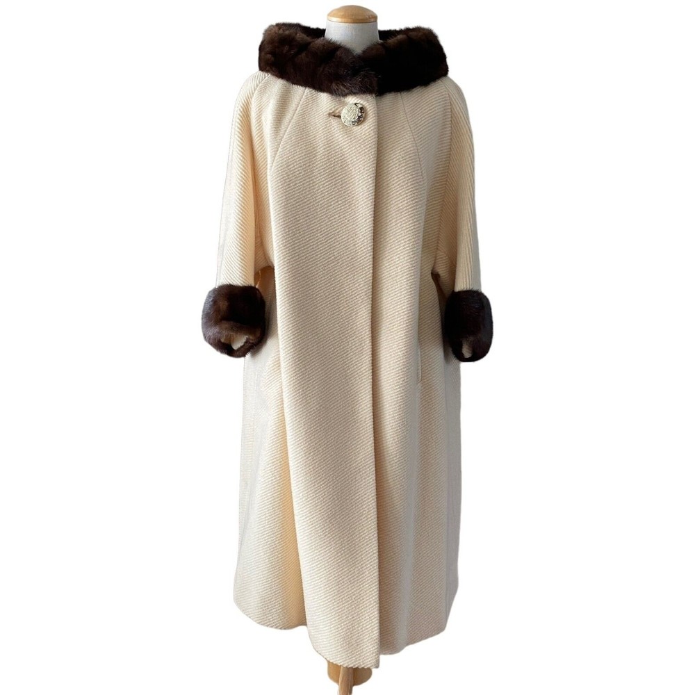 Vintage 1950s Cream Wool Long Strolling Swing Coat Mink Fur Collar Trim Union XL